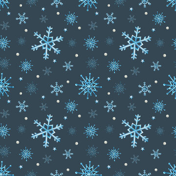 Watercolor seamless pattern with snowflakes. Hand painting on an isolated background. For designers, decoration, postcards, wrapping paper, scrapbooking, covers, invitations, posters and textile