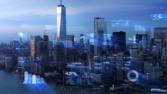 
Aerial view of New York with financial charts and data. Futuristic city skyline. Big data, Artificial intelligence, Internet of things. Stock exchange holographic figures.