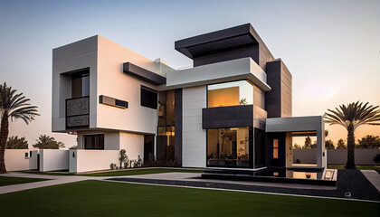 Fototapeta na wymiar Stunning modern villa with glass walls
