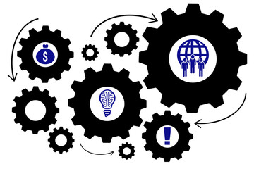 Black gear with blue symbols against white background