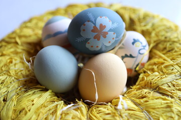 Close up photo of colored Easter eggs 