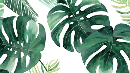 Tropical monstera palm leaf Wallpaper, Luxury nature leaves pattern design, Hand drawn watercolor design for fabric, print, cover, banner and invitation, Generative AI