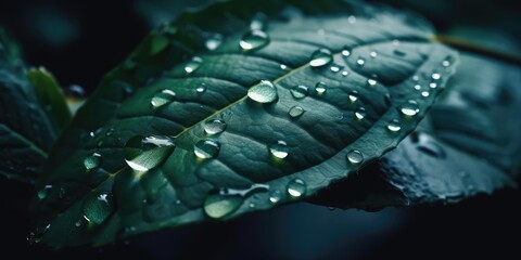 Raindrops on leaves close-up. AI generated