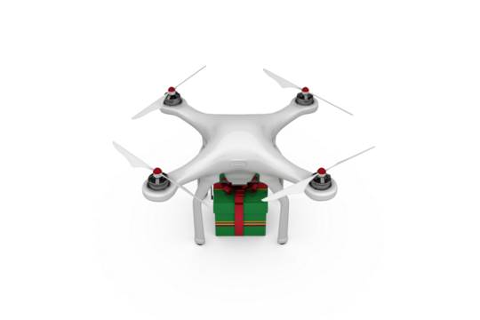 High angle view of quadcopter with green gift box