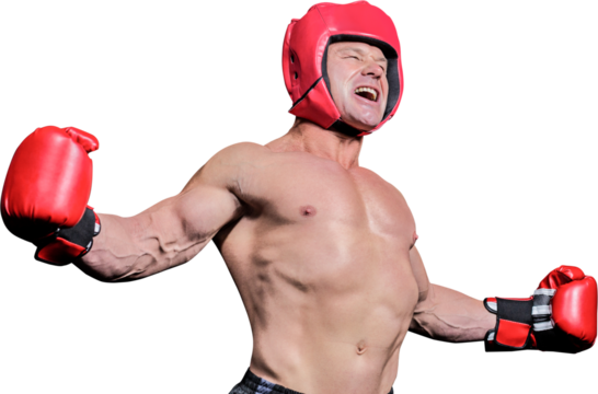 Boxer with arms outstretched against black background - Powered by Adobe
