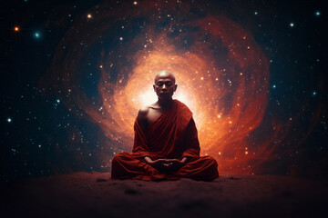 Monk meditating on distant planet with swirling galaxy in background, Generative AI - obrazy, fototapety, plakaty