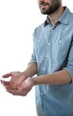 Cupped hands of man pretending to hold an invisible object