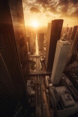 Fototapeta na wymiar Aerial view of skyscrapers at sunset. AI generated.