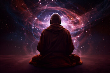 Fototapeta na wymiar Monk meditating on distant planet, Generative AI