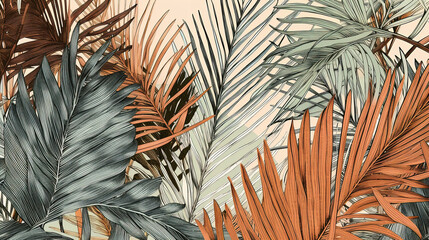 Tropical sago palm leaf Wallpaper, Luxury nature leaves pattern design, Hand drawn outline design for fabric , print, cover, banner and invitation, Generative AI - obrazy, fototapety, plakaty