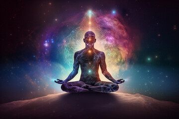 Mysterious man meditating in a swirling colorful nebula, Generative AI
