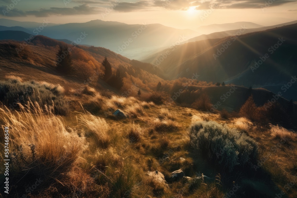 Canvas Prints sunrays breaking through clouds over a mountainous landscape. Generative AI