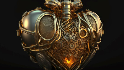 Platinam and gold steampunk human heart.Generative AI.