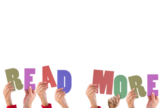 Cropped hands holding colorful words read more - Powered by Adobe