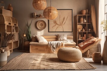 Boho chic meditation room with beige chaise couch, carpet, rattan pouf, cushions, side table, décor, books, and personal belongings. Cozy interiors. Template. Generative AI