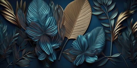 Voluminous exotic flowers of blue-gold color on a blue background, abstract background. AI generated
