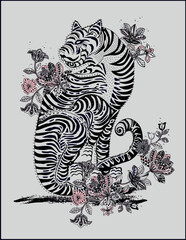T shirt Design with Asian Tiger and Flowers, Asian tigers, japanese style vector illustration, T shirt Graphics for Women, Japanese Tiger Art Board Print