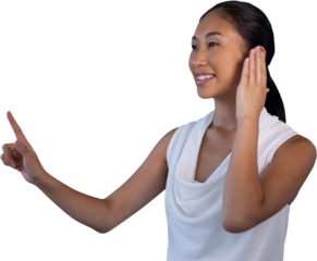 Businesswoman pretending to answer call while touching invisible interface