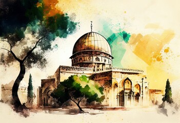 Fototapeta premium Al-Aqsa Mosque. Old City of Jerusalem. Watercolor style illustration by Generative AI.