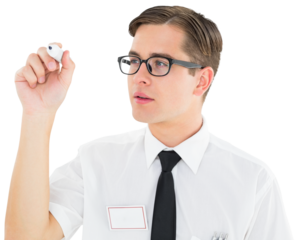 Geeky businessman writing with marker