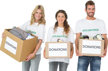 Portrait of three smiling young people with donation boxes