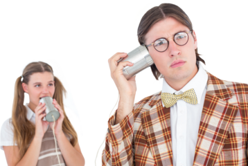 Geeky hipsters using string phone 