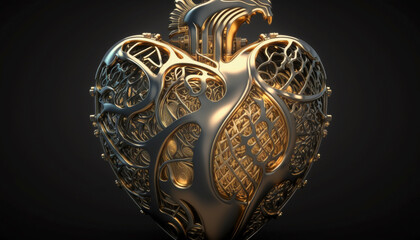 Platinam and gold steampunk human heart.Generative AI.