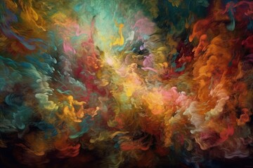 abstract painting featuring vibrant, colorful clouds. Generative AI