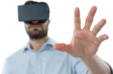 Man gesturing while using oculus rift headset