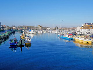 Boats in the old town of Weymouth Harbour and Weymouth Marina in Dorset, England, UK