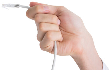 Hand of businessman holding white cable