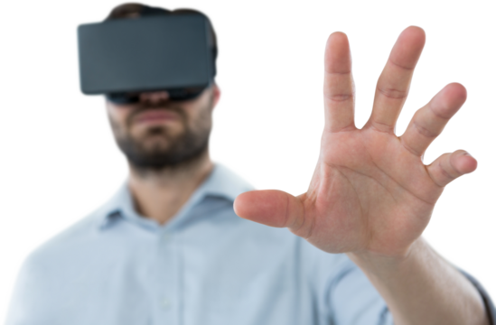 Man gesturing while using oculus rift headset