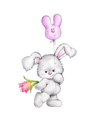 Cute bunny with pink balloon - 587469796