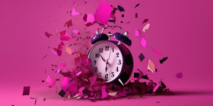 Exploding alarm clock on magenta background, concept of Time Management and Power of Color, created with Generative AI technology