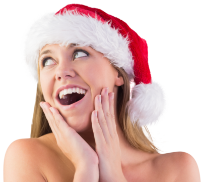 Festive blonde with hands on face