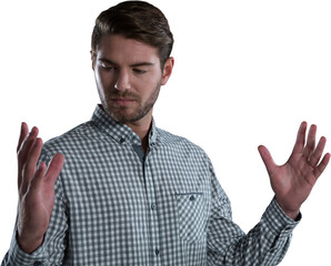 Man pretending to hold an invisible object