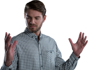 Man pretending to hold an invisible object