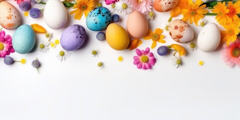 Fototapeta na wymiar Multicolored Easter eggs on a white background, a space for text. The concept of the Easter holiday. AI generated