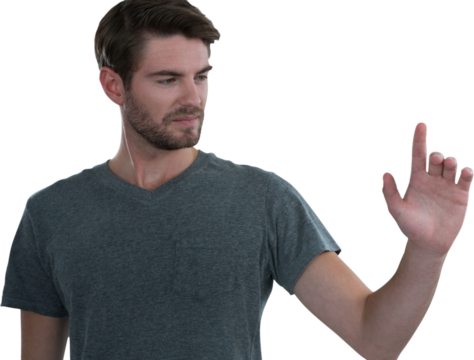 Man pretending to touch an invisible screen