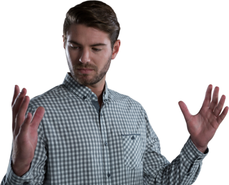 Man pretending to hold an invisible object