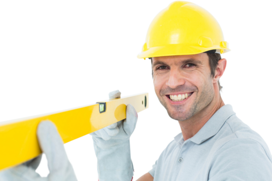 Confident male carpenter holding spirit level