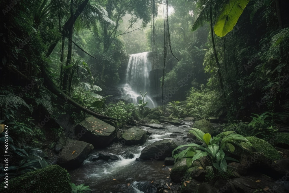 Canvas Prints waterfall scenery Tropical rainforest contains a stunning hidden waterfall. Jungle River Asia travel and adventure. Sambangan, Bali's Canging Waterfall. Motion photography with a slow shutter speed