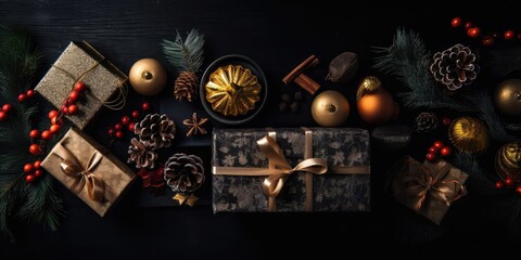 Christmas gift boxes on a black background. The concept of the new year. AI generated