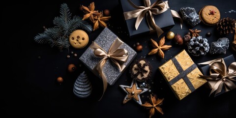 New Year gift boxes on a black background, New Year decorations. The concept of New Year and Christmas. AI generated