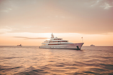 Luxury Super Yacht in sunset or sunrise. With beautiful sleek white hull, brown/orange colors in the sky. Generative AI