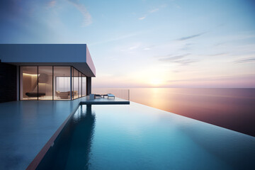 Fototapeta na wymiar Luxurious infinity pool villa with sunset views. Postproducted generative AI digital. Landscape