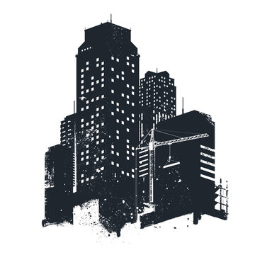 Modern City skyscrapers silhouette with grunge texture effect. Illustration with black city tall buildings isolated on white background in artistic stencil style. Ideal for graphic print, poster.
