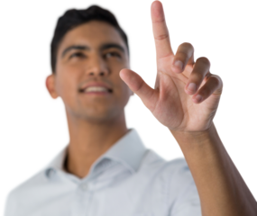 Man pretending to touch an invisible screen