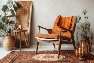 Vintage apartment décor and armchair. Vertical image of retro style orange chair stand against copy space wall near houseplant, white flooring light, and breakfast tray on cushion. Generative AI