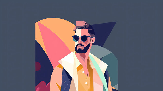 Fashion portrait of a model man with sunglasses. Retro trendy colors poster or flyer. Flat design. Generative AI